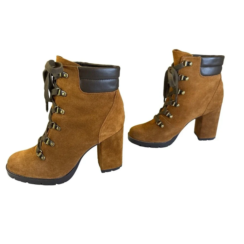 Sam Edelman Caroleena Lace Up Eyelets Block Heel Booties 8M Brown Suede Leather